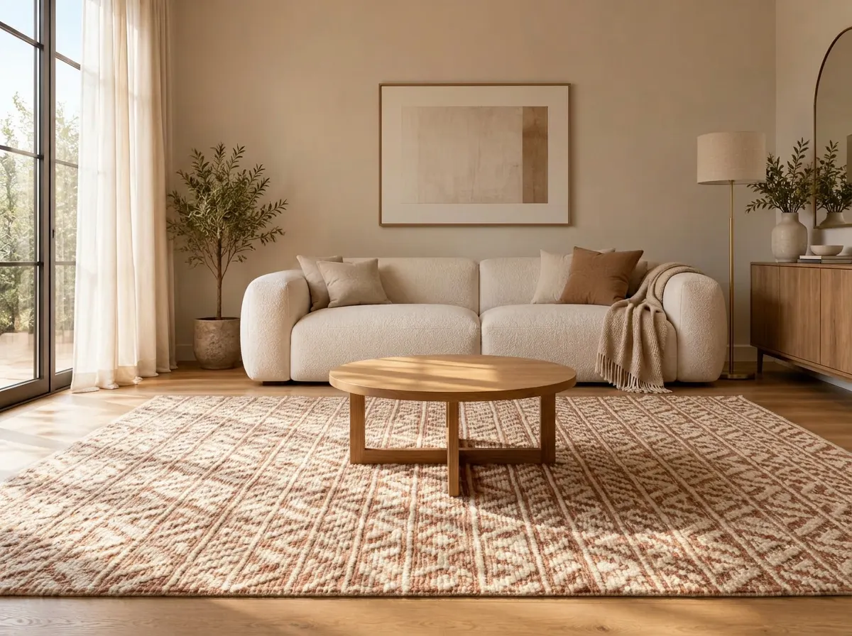 Same living room completed with a rug, coffee table and floor lamp