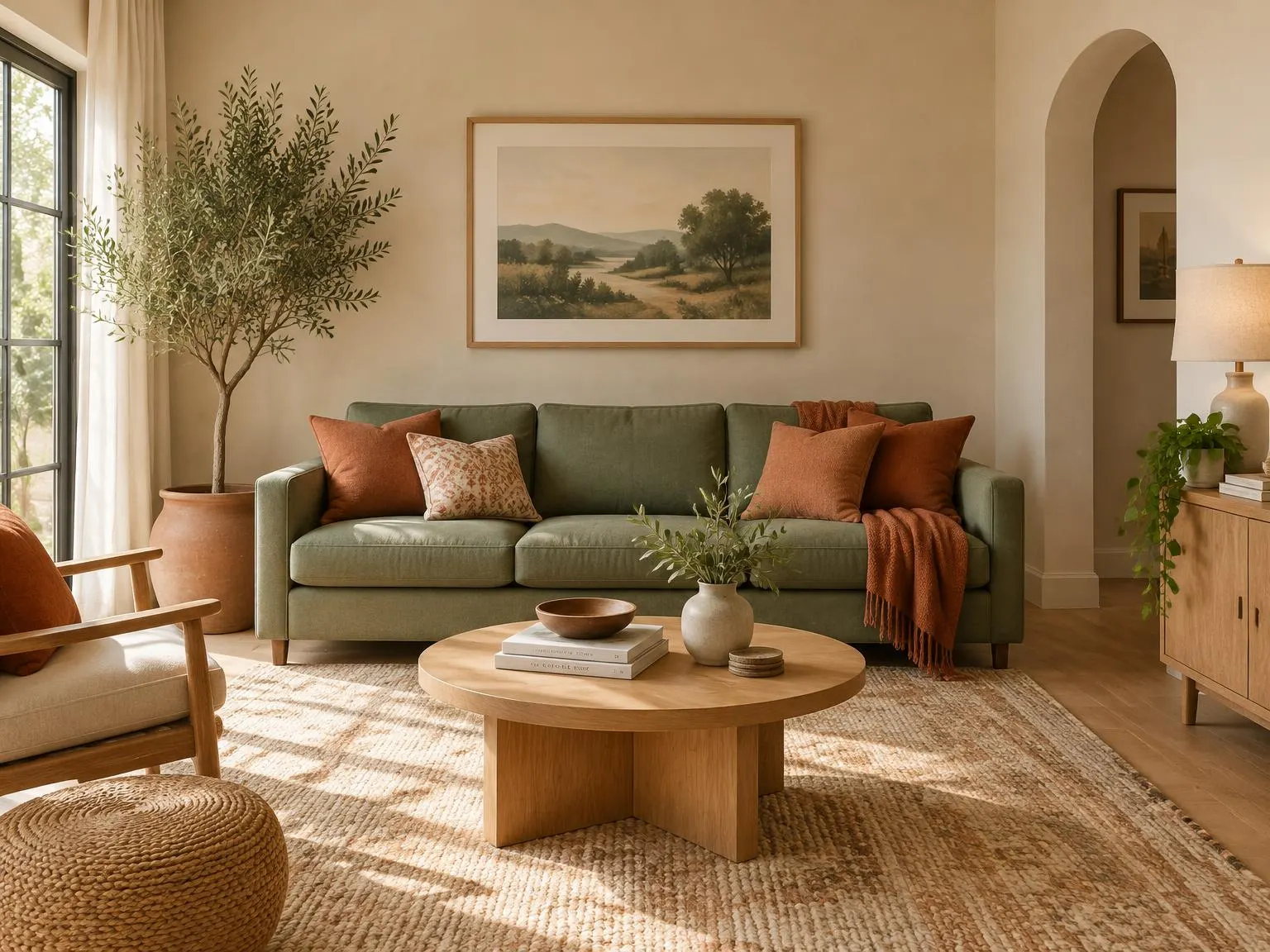 Same living room with a green sofa placed by Frugio