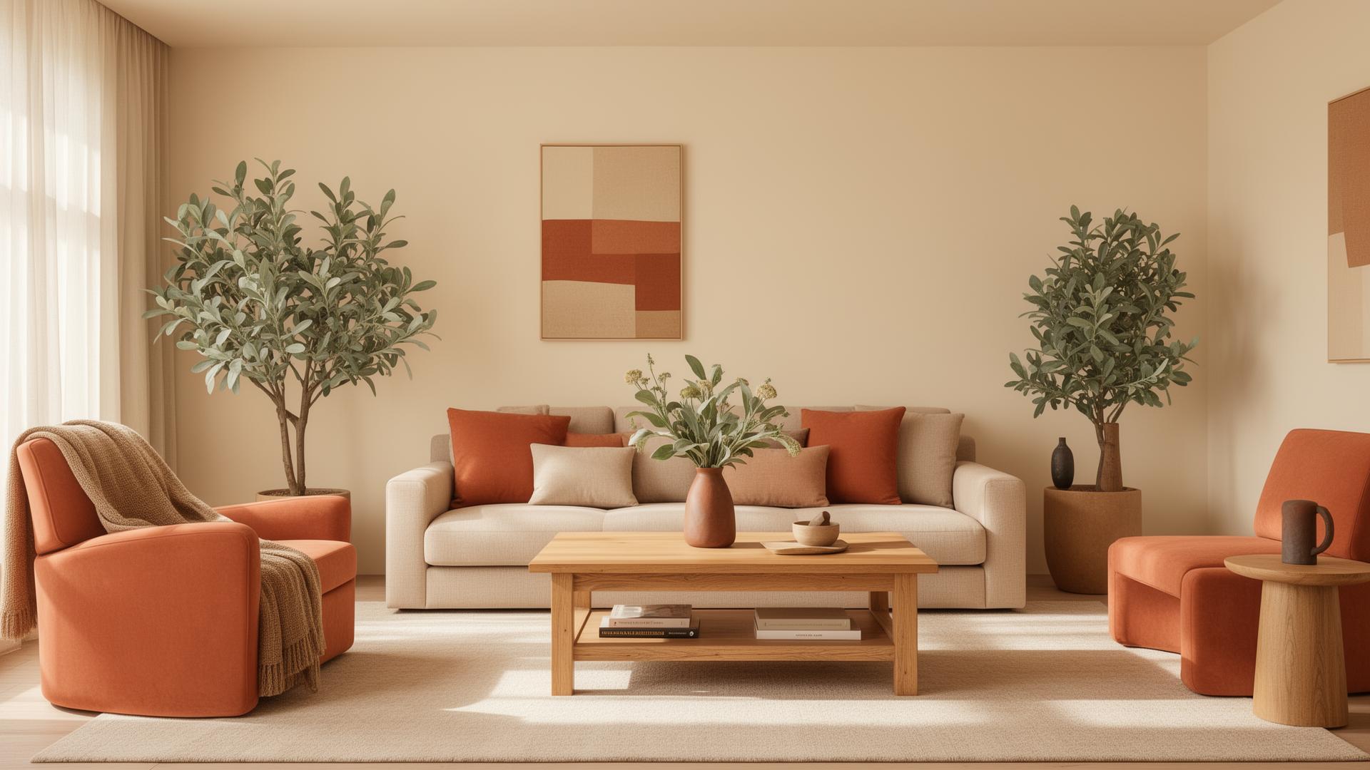 Warm modern living room with terracotta seating and natural wood furniture