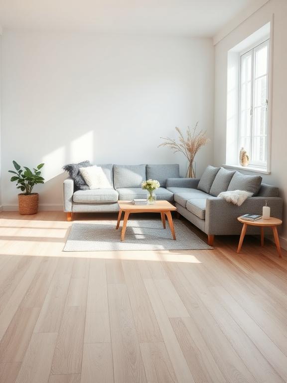 Salon scandinave lumineux avec un sofa clair, le genre de photo que vos clients téléversent pour voir votre produit